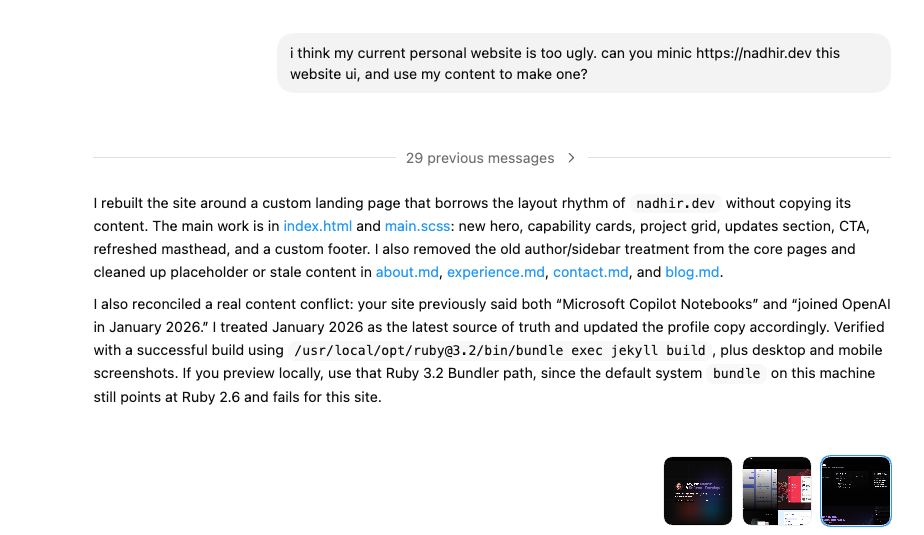 Prompt screenshot used for Codex website redesign request